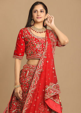 alt message - Mohey Women Red Floral Embroidered Lehenga image number 1
